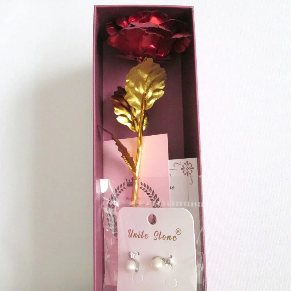 Unitestone Handcrafted 24K Dipped Rose Collectible Bonus Fashion Earrings Box